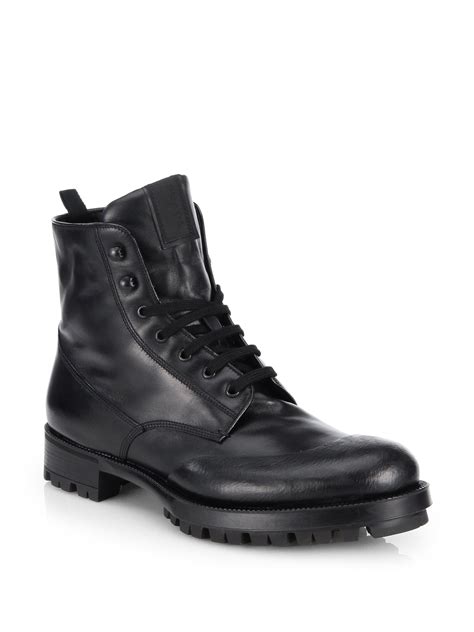 Prada Laceup Leather Combat Boots in Black for Men | Lyst