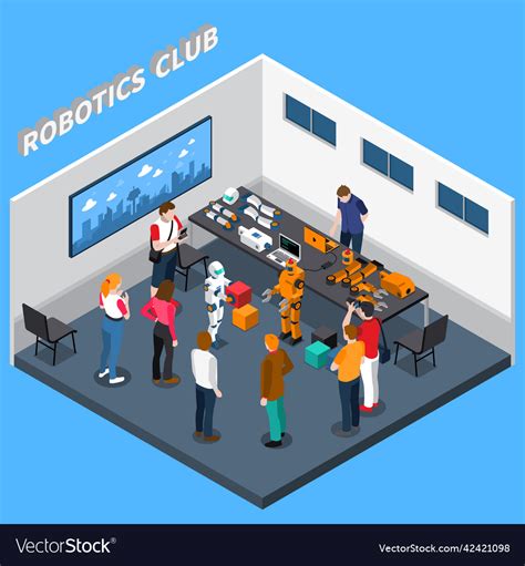 Robotics club isometric composition Royalty Free Vector