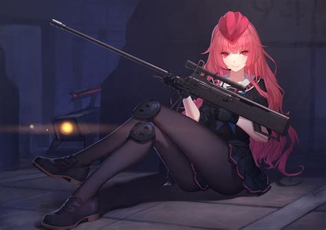 Wallpaper Gun Redhead Long Hair Anime Girls Legs Weapon Red | My XXX ...