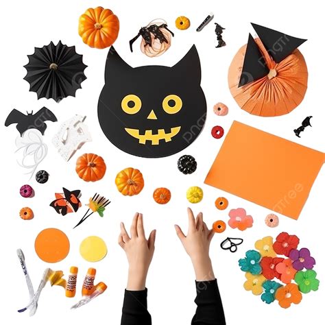 Halloween Paper Craft Flat Lay, Children Seasonal Art Table Top View, Kids Hand Craft Concept ...