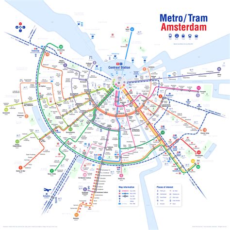 Updated public transport map of Amsterdam, now the North South metro line (blue one) is finished ...