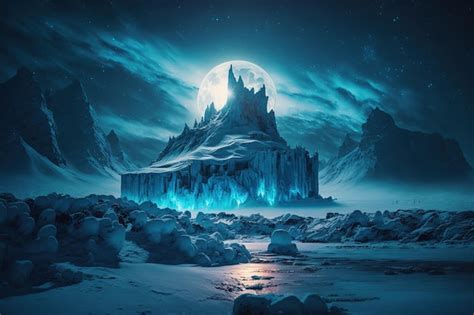 Premium Photo | Epic glacial ice castle on a snowfield at night