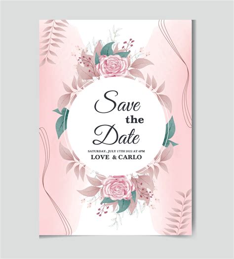 Floral wedding invitation template with pink Rose flower greenery ...