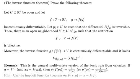 Solved (The inverse function theorem) Prove the following | Chegg.com