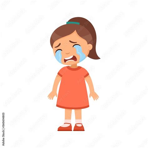 Crying sad little girl flat vector illustration. Upset child with tears on face standing alone ...