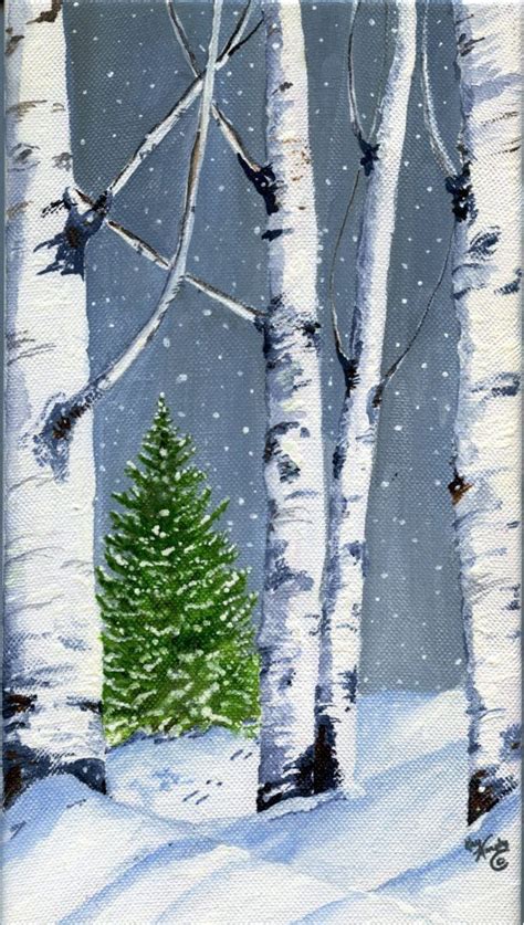 Birch Winter Scene | Winter painting, Christmas paintings on canvas, Tree painting