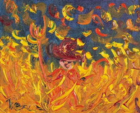 a painting of a woman in a red hat and dress with yellow flowers on the ...