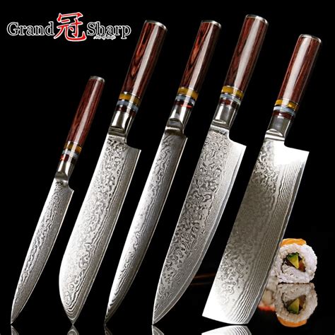 Damascus Knife Set 5 Pcs Japanese vg10 Steel Damascus Kitchen Knives Chef Nakiri Santoku ...