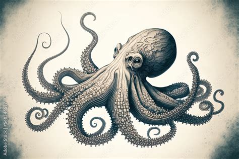 Octopus art in the engraving technique, shown alone on a white background. Generative AI Stock ...