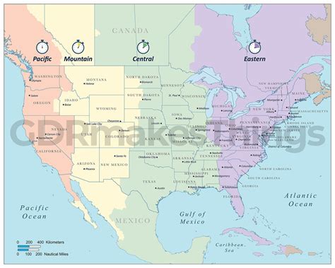 Digital Map of the Continental United States, Showing 4 Time Zones ...