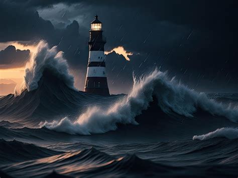 Premium AI Image | Lighthouse in the storm with big waves ai generative