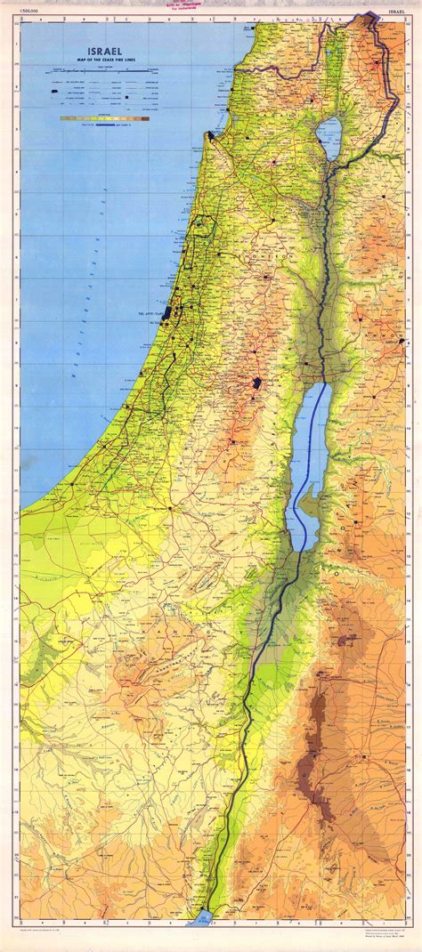 Large scale detailed physical map of Israel with all roads, cities and ...