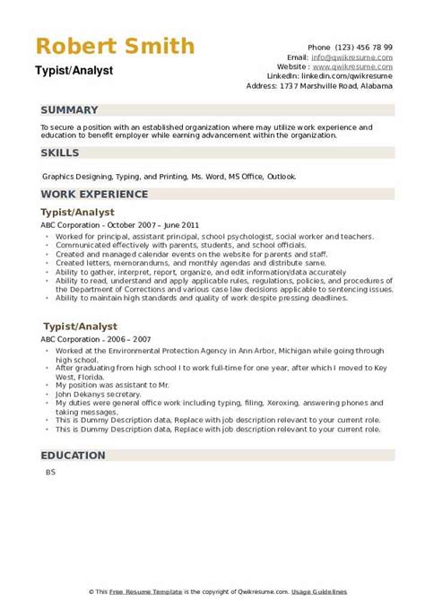 Typist Resume Samples | QwikResume