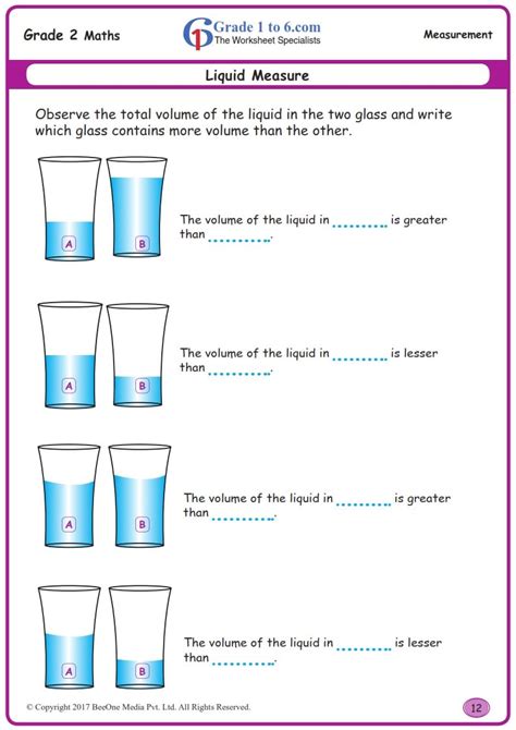 Worksheet Grade 2: Measure Liquid Volume