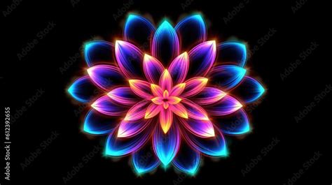 Multicolor neon light drawing, abstract shape flowers isolated on black background. Glowing line ...