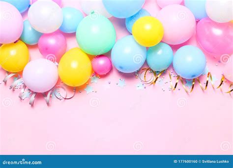 Pink Birthday Background with Balloons, Confetti and Streamers, Top ...