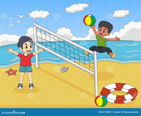 Children Playing Volleyball On The Beach Cartoon Vector Illustration ...