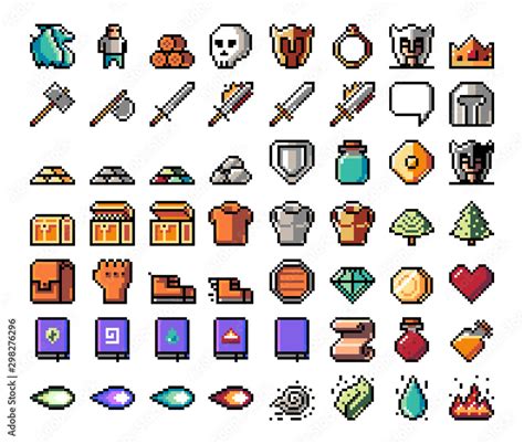 Pixel art, game item, icon and objects for the design. Vector illustration. Fantasy world. Old ...