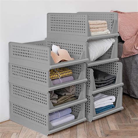 Buy 4-Pack Folding Wardrobe Storage Box Plastic Drawer Organizer Stackable Shelf Baskets Cloth ...