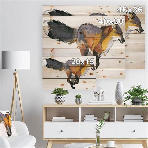 Designart 'Running Fox watercolor illustration' Animals Print on Natural Pine Wood - White - Bed ...