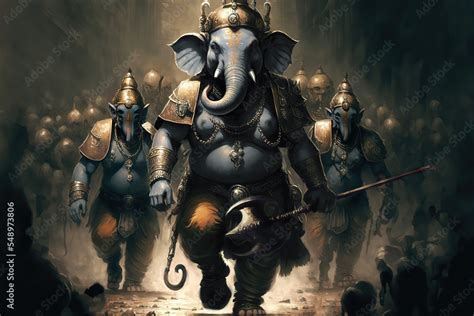 AI generated image of Hindu god Ganesha leading his army into a war against evil forces Stock ...