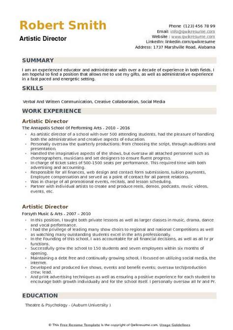 Artistic Director Resume Samples | QwikResume