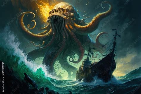 A giant Kraken monster attacking a pirate ship, blue ocean, generative ...