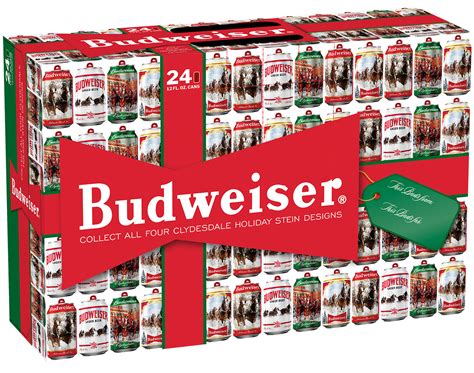 budweiser beer cans are packed in red and green boxes with tags on them