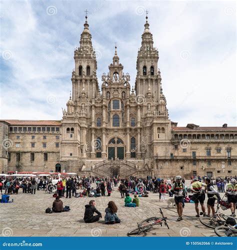 Santiago De Compostela Cathedral and Lots of Tourists and Pilgrims in Holiday Editorial Photo ...
