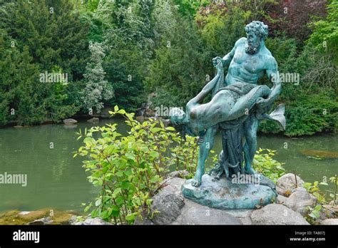 The rare catch bronze sculpture of Ernst Herter, lake in the waterfall, Viktoria's park, cross ...