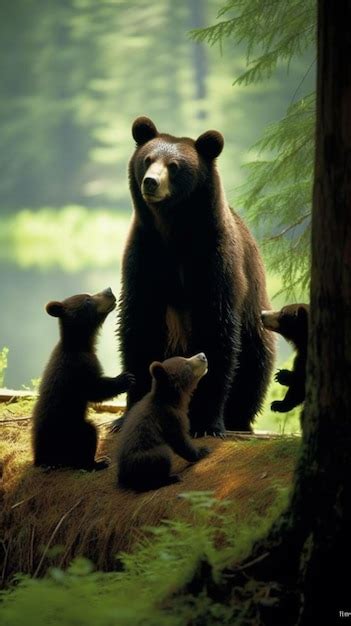 Premium Photo | A bear family is shown with a tree in the background.