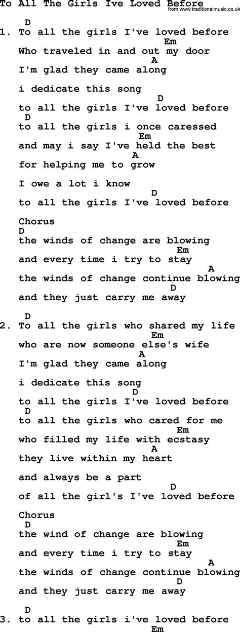 Willie Nelson song: To All The Girls Ive Loved Before, lyrics and chords