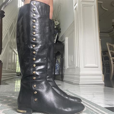 michael kors mk black tall leather boots with gold... - Depop