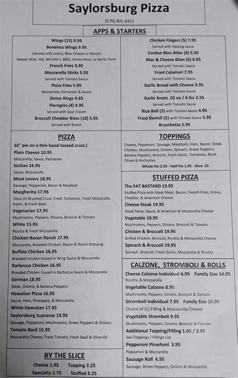 Menu at Saylorsburg pizza pizzeria, Saylorsburg