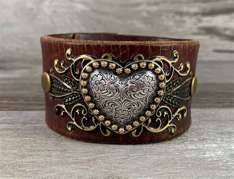 Leather Cuff Bracelet With Two Tone Heart Concho Recycled Belt Cuff Vintage Inspired Rock Star ...