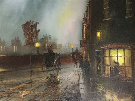 Oil Painting Of Moonlit Victorian Street Scene Near London Bridge