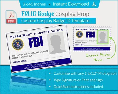 Printable Cosplay FBI Badge Custom ID Card Prop Replica Digital Instant Download PDF - Etsy