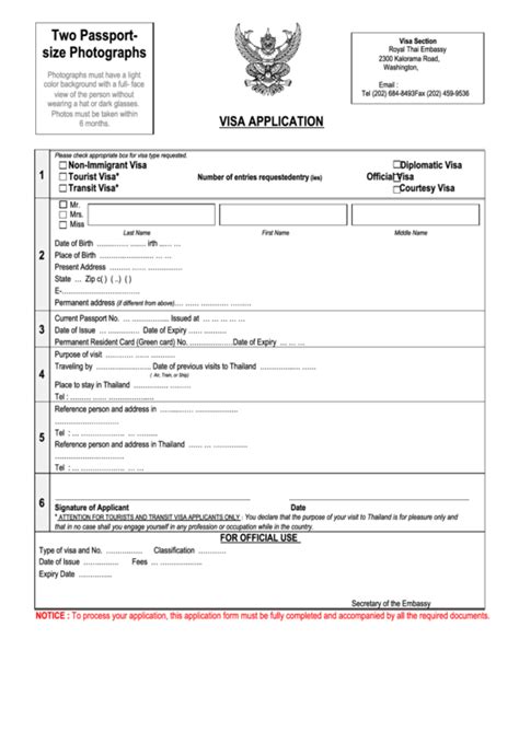 Visa Application Form - Thai Embassy, Washington Dc printable pdf download