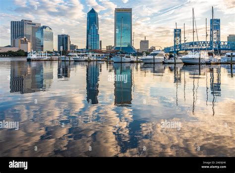 Sunrise riverfront view of the Downtown Jacksonville skyline along the ...