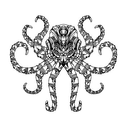 Mechanical Octopus Robot Drawing Illustration For Tshirt And Game Stock ...