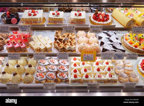 Cakes and pastries on a display at a Japanese bakery. Tokyo, Japan ...