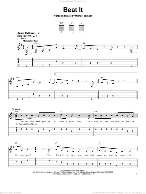 Jackson - Beat It sheet music (easy) for guitar solo (easy tablature)