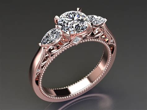 Rose Gold Moissanite Three Stone Engagement Rings Charles and - Etsy