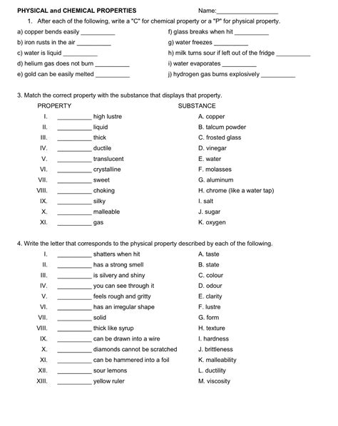 Chemical And Physical Changes Worksheet 5th