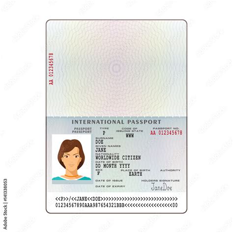 Vector international passport template with sample personal data page ...