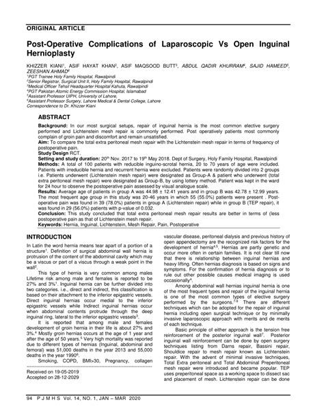 (PDF) Post-Operative Complications of Laparoscopic Vs Open Inguinal Hernioplasty