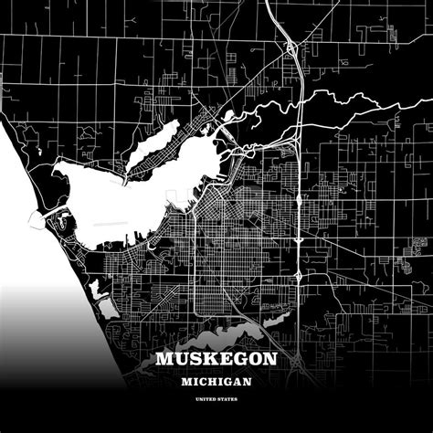 Black map poster template of Muskegon, Michigan, United States. This black map template of ...