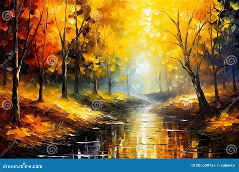 Autumn Fall Forest with River Oil Painting Landscape Stock Illustration ...