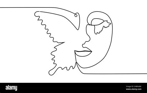 Portrait minimalistic style. Half of the face is female, half of the face is a butterfly wing ...