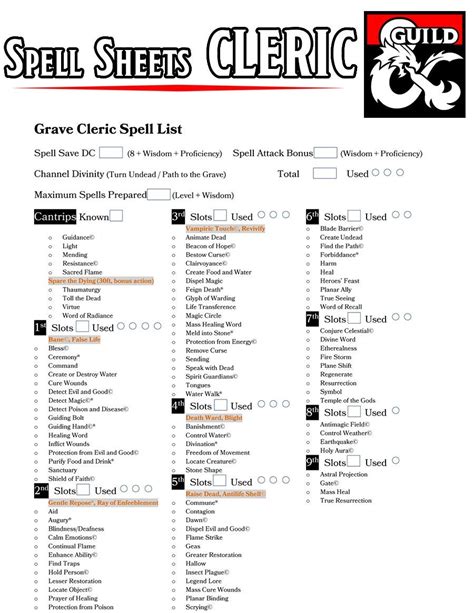 [OC]Class Specific Spell Sheets v1.0: Cleric (EE, UA & XGtE) : r/DnD